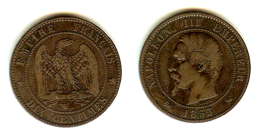 Dix centimes Napoléon III, tête nue 1855 Lille TB+ à TTB-